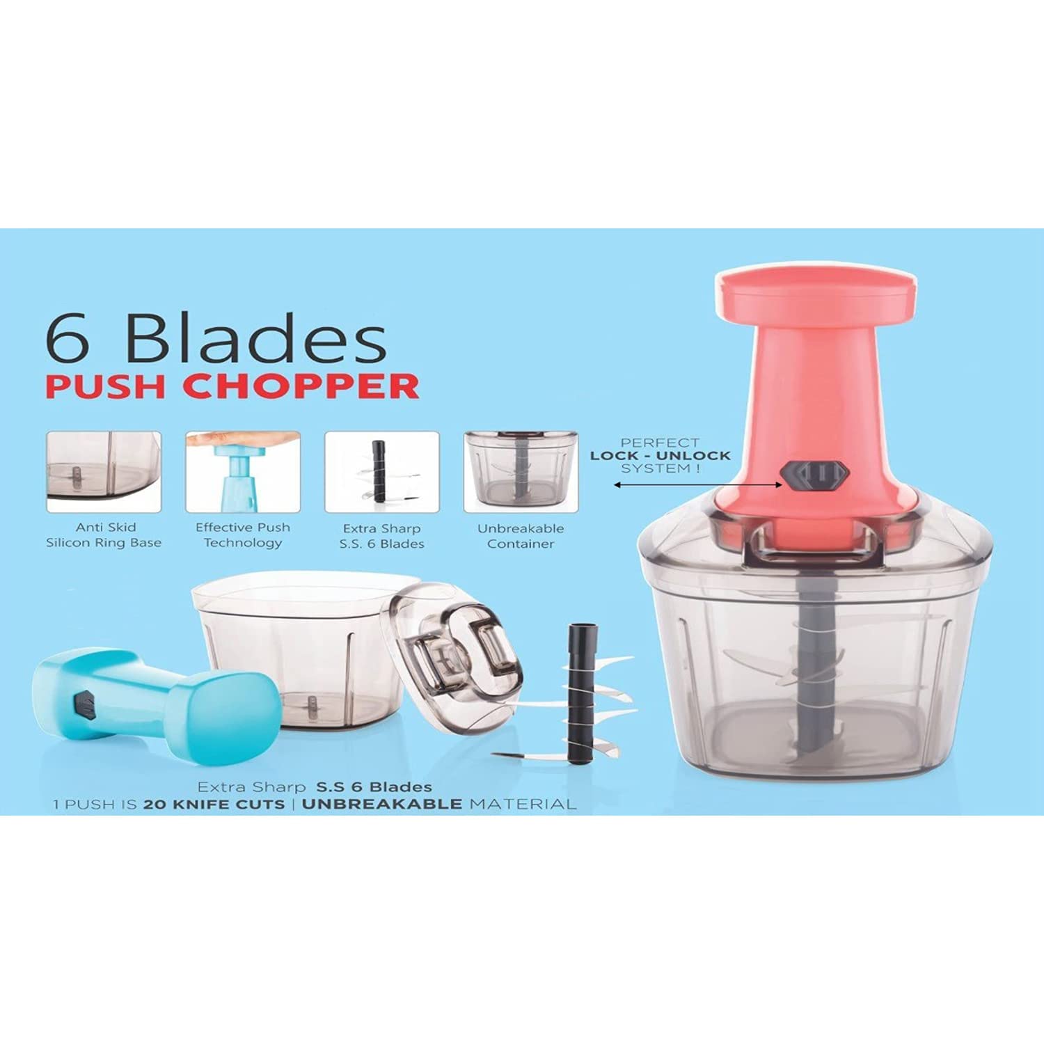 Quick & Easy 6 Blade Push Chopper Push N Chop Chopper Vegetable and Fruit  Cutter Chopper