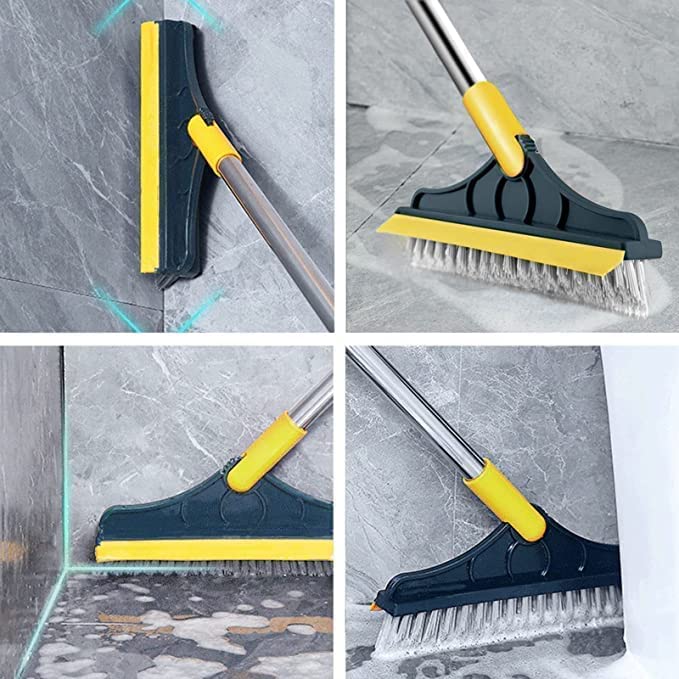  3 in 1 Floor Scrub Brush with Squeegee, Floor Brush Scrubber  with Long Handle, Bathroom Kitchen Crevice Cleaning Brush with Squeegee,  120° Triangular Rotating Brush Head for Cleaning Wall Deck Tile 
